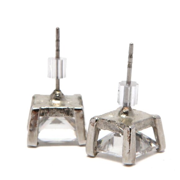 Cubic Zirconia CZ Clear Stud Earrings Square Cut Gems Silver - Picture 4 of 7